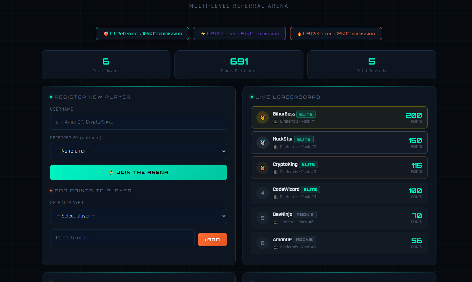 PointWars — Multi-Level Referral Arena project screenshot